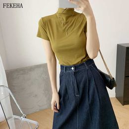 Modal T-Shirts Women Half Turtleneck Short Sleeve Tshirt Elasticity Female Tee Tops Solid Colour Autumn News Y0621