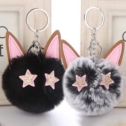 8cm Fake Fur Bag Keychain Pompom Car Keyring Silver Colour Chains pompons Fake Fox Rabbit Fur Charms Chain