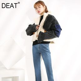 DEAT winter fake fur turn-down collar full sleeves denim blue patchwork spliced clothes letters printed coat trench WJ1020 210428