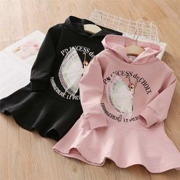 Spring Autumn 2 3 -8 10 Years Children's Clothing Kids Casual Hooded Dress Cartoon Letter Long Design Sweatshirt For Girls 211111