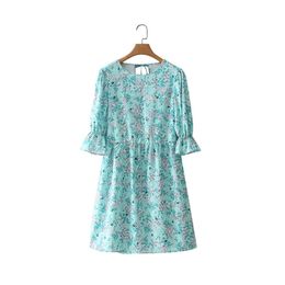 Summer Women Back Lace Up Printed Mini Dress Female O Neck Puff Sleeve Clothes Casual Lady Loose Vestido D7782 210430