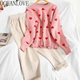 Chandal Mujer Invierno Print Love Sweaters+ Solid Pants Knitted Korean Sweet Two Piece Set Women 19171 210415