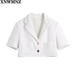 Fashion women White cropped blazer woman lapel collar short sleeves blazers Coat Female Outerwear Chic Tops 210520