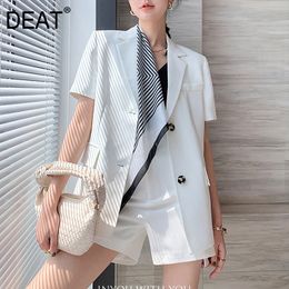 [DEAT] Half-body shorts Two Pieces Suit New notched short Sleeve Loose Women white patchwork Fashion Tide summer 7E1040 210428