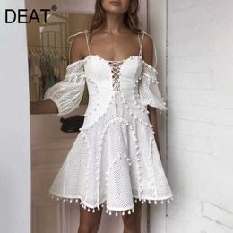 [DEAT] Summer Fashion Loose Solid Colour Short Sleeve High Waist Tube Top White Temperament Elegant Dress 13D204 210527