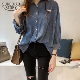 Blusas Mujer De Moda Womens And Blouses V-Neck Striped Pockets Long Sleeve Tops Vintage Chiffon Blouse 1678 50 210415