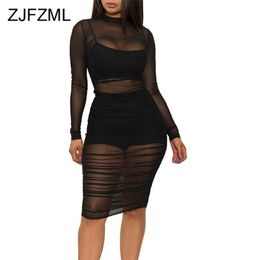 Sexy Transparent 3 Piece Set Women Turtleneck Long Sleeve Ruched Mesh Dress + Straped Crop Top + Bodycon Shorts Club Outfits 211101