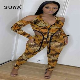 Tie Dye Off Shoulder Long Sleeve Top Tunic And High Waist Skinny Pencil Pants Sexy Club Party Summer 2 Piece Outfits Women Sets 210525