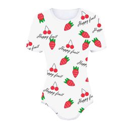 OMSJ Summer Short Sleeve Slim Strawberry Print Bodysuit Sweet Style Sleep Party Jumpsuits White O neck Female One 210517