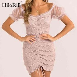 Women Mesh Patchwork Sexy Bodycon Dresses Chic Drawstring Pleated Party Summer Short Sleeve Mini Robe 210508