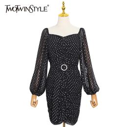Elegant Dot Dress For Women Square Collar Lantern Sleeve High Waist Mini Dresses Female Fashion Clothing 210520