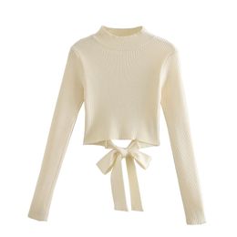 Elegant Women Turtleneck Sweaters Fashion Ladies Beige Knitted Tops Streetwear Female Chic Backless Bow Pullovers 210430