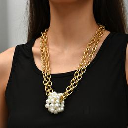 Unique Cuban Chunky Chain Necklace for Women Punk Round Pearl Pendant Choker Fashion Jewelry on the Neck Steampunk Men