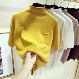 Half Sleeve Women Knitted Tops Fashion Female Sweater half turtleneck Short Sleeve Pullovers Yellow New Arrival Pull Sweaters X0721