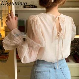 Kimutomo Korean Chic Solid Blouse French Style Spring Gentle O-neck Lantern Sleeve Bow Lace Up Slim Elegant Shirt Female 210521