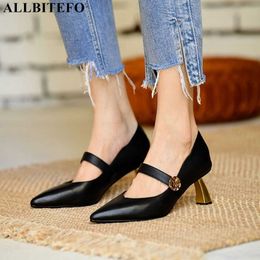 ALLBITEFOhigh quality genuine leather sexy high heels retro women shoes women high heel shoes thick heels office ladies shoes 210611