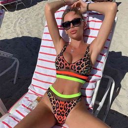 Sexy Leopard Printed Bikini Swimwear Women Push Up Swimsuit Mesh Set High Waist Bathing Suit Beachwear Swimming 210625