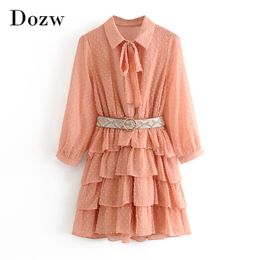 Pink Colour Dot Embroidery Chic Chiffon Dress Bow Tie Collar Bandage Bud Dresses Lady See Through Sleeve Mini Dress Women 210414