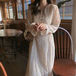 Spring autumn Women Dress Printed Floral Elegant Puff Sleeve V-Neck Elastic Waist High Female Chiffon Dresses 10255 210417