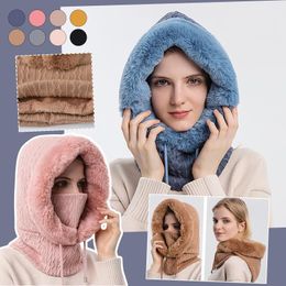 Berets Winter Fur Cap Mask Set Hooded For Women Knitted Cashmere Neck Warm Russia Outdoor Ski Windproof Hat Thick Plush Fluffy 2021