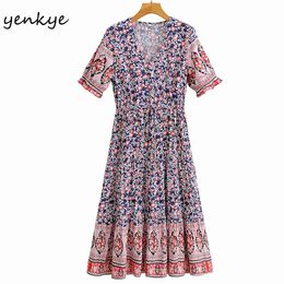 Holiday Summer Dress Women Vintage Floral Print Casual Long Female V Neck Short Sleeve Plus Size Vestido 210430