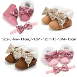 First Walkers Flock Fur Baby Girl Winter Booties Pink Boots For Warming Shoes Born Walker With Headband