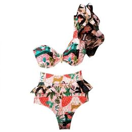 One Shoulder Swimsuit Print Bikinis Brazilian Bikini Set High Waist Swimming Suits Bathing Suit Summer Beachwear 210702