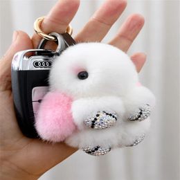 Cute Girls Fluffy Mink Fur Mini Rabbit Keychain Crystal Pompon Bunny Key Chain On Bag Women Car Trinket Jewellery Girlfriend Gift