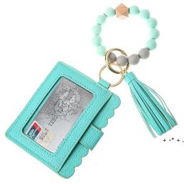 Fashion PU Leather Bracelet Wallet Keychain Party Favour Tassels Bangle Key Ring Holder Card Bag Silicone Beaded Wristlet KeychainsLLD12240