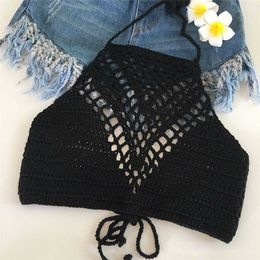 1PC Tank Tops Shirt Plain White Halter Vest Strap Crop Tops Bra Beach Bikini Summer Short Vest Sexy Hollow Out Crochet Bikini Y0622