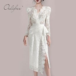 Summer Elegant Lady White Lace Party Long Sleeve Split Sexy Women Midi Dress 210415