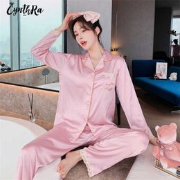 CYNTHRA Sleepwear Women's Autumn Sexy Daily Lace Embroidery Breathable Comfort Soft Long-sleeved Large Size Ladies Pajamas Sets Q0706