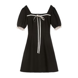Slash Neck Short Sleeve Mini Dress Elegant Summer Women Female A-line Black Solid Lace-up D2004 210514