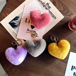 10Pieces/Lot Cute female keychain with fake rabbit fur heart pompom bag for women girl simple fluffy keychain gift