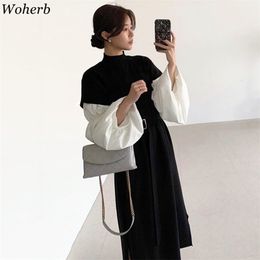 Knitted Sweater Dress Women Loose Long Patchwork Robe Mujer Contrast Colour Vintage Korean Dresses Stand Collar Vestidos 210519