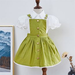 Summer Baby Girls Pure Colour Short Sleeve Shirt + Braces Dresses Children Kids Girl Princess Clothing 210521