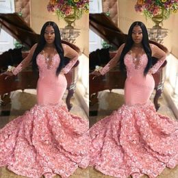 Gorgoues Pink African Mermaid Evening Dresses With 3D Florals Sexy V Neck Illusion Long Sleeve Prom Dress Beaded Lace Formal Gowns For Black Girls Robe De Soirée