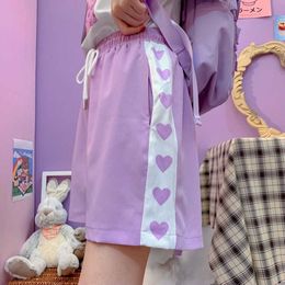 Kawaii Girls Purple Shorts Summer Love Heart Print Patchwork Short Harajuku Elastic High Waist Drawstring Shorts Women 210611