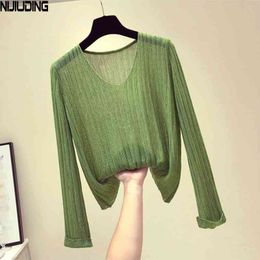 Knitwear Women's Autumn V-neck Long Sleeve Hollow Blouse Slim Sexy Sweater Pullover Solid Color Top 210514