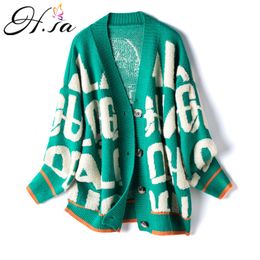 H.SA Women Casual Cardigans Long Sleeve Letters Caridgan Female Knitted Jacket Appliques Oversized Sweater Coats 210417