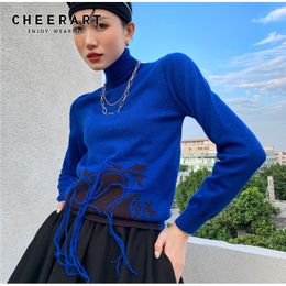 Turtleneck Sweaters For Women Fashion Blue Pullover Long Sleeve Fringe Sweater Winter Warm Knitted Knitwear 210427