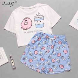 Women's Sleepwear Cute Cartoon Print Short Set Pyjamas for Women Pyjama Set Sweet Short Sleeve T Shirts & Shorts Summer Pijama 210330