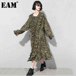 [EAM] Women Wave Point Ruffles Irregular Long Big Size Dress Round Neck Long Sleeve Loose Fashion Spring Autumn 1DD6721 21512