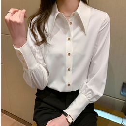 Korean Women Shirt Chiffon Blouses for Long Sleeve s Tops Woman White Polo Neck Blouse Plus Size OL 210427
