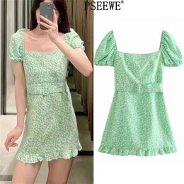 Dresses Summer Woman Green Floral Print Mini Dress Women Ruffle Square Neck Short Puff Sleeve Belt 210519