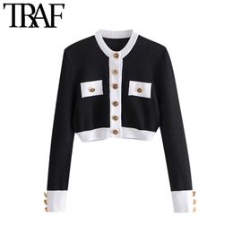 TRAF Women Fashion With Buttons Cropped Knitted Cardigan Sweater Vintage O Neck Long Sleeve Female Outerwear Chic Tops 210415