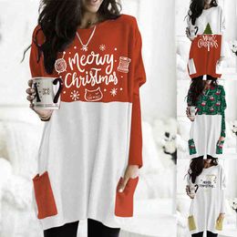 Casual Christmas Printed Women T-Shirt Dress Women Autumn Winter O Neck Long Sleeve Pocket Loose Dress Ladies Party Mini Dresses 210412