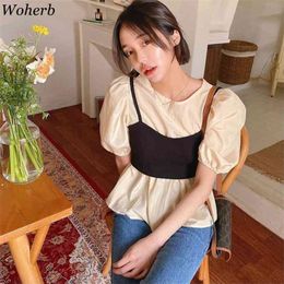 Korean Chic Women Two Piece Sets O Neck See Through Puff Short Sleeve Blouse Black Knitted Sling Vest Summer Suits 210519