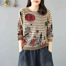 spring and autumn sweater loose casual all-match round neck printing bottoming shirt T-shirt women 210427