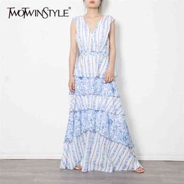 Ruffle Patchwork Blue Dress For Women V Neck Sleeveless High Waist Backless Maxi Dresses Female Fashion Clothes 210520